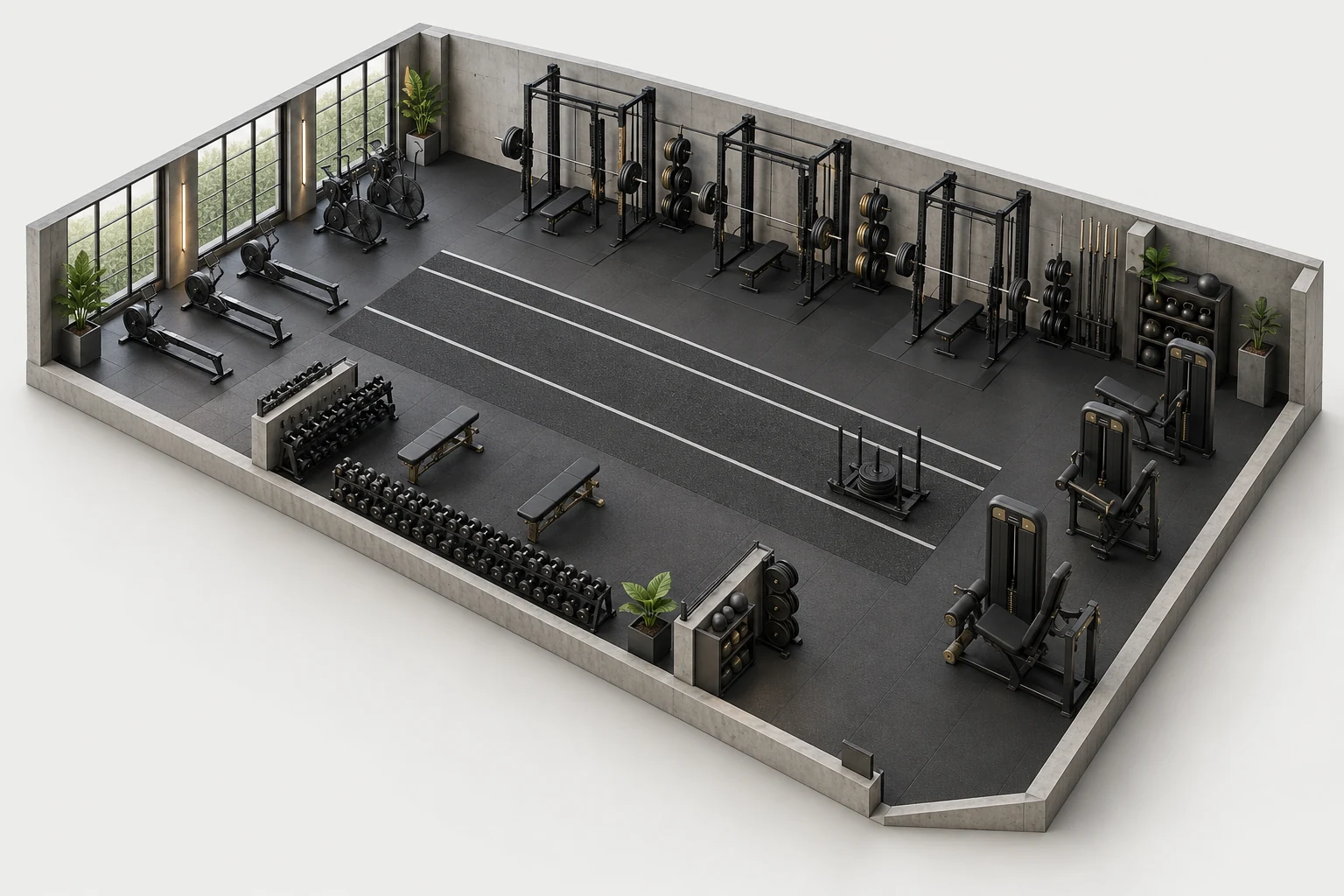 Exemple illustratif en 3D : zones cardio, force, poids libres et entraînement fonctionnel