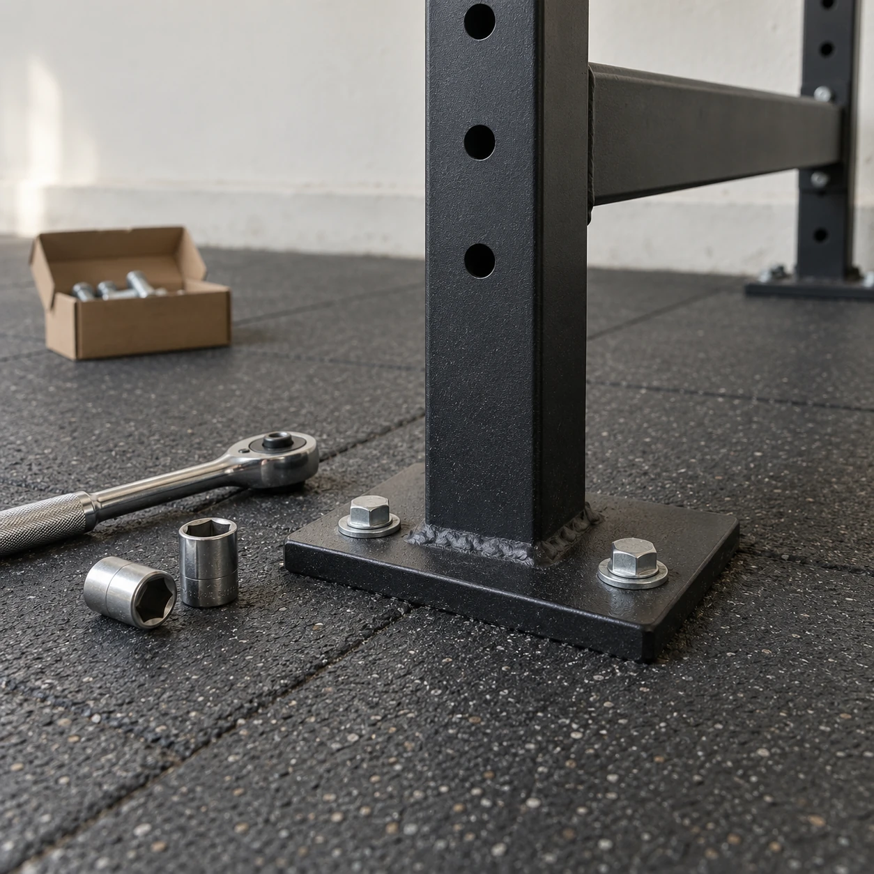 Visuel original d’une base de rack, de ses fixations et des outils de montage, sans personne
