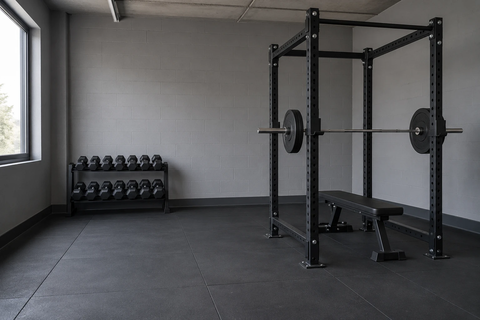 Visuel original d’un espace de musculation avec rack, banc et haltères, sans personne